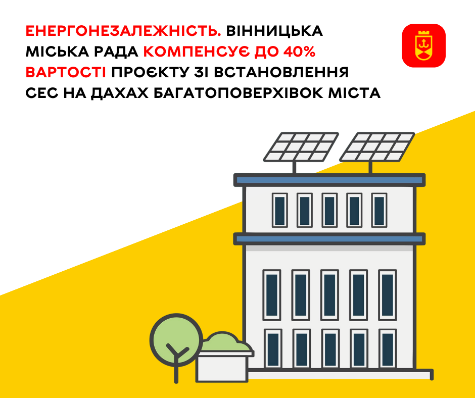 Вінницька міська рада компенсує до 40 % вартості проєкту зі встановлення СЕС на багатоповерхівках