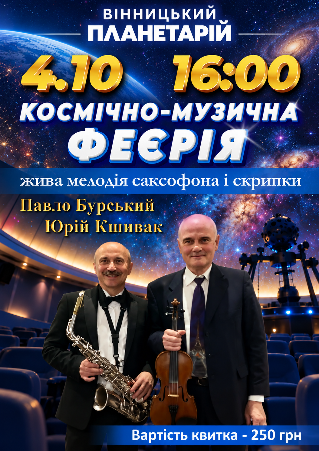 «Космічно-музична феєрія» 4 жовтня у Вінниці: скрипка і саксофон під куполом планетарію, квиток — 250 гривень